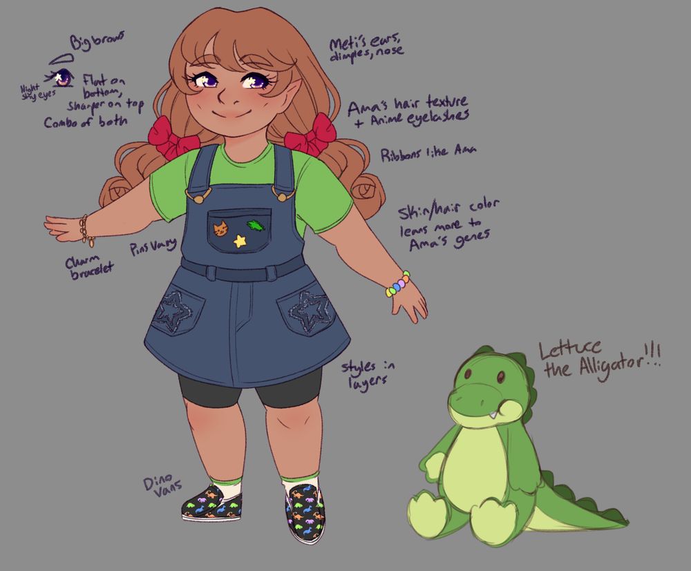 Design sheet for Hikari, and oc who's the daughter of Ama and Meti. She's wearing a skirtall with a green shirt and black shorts, rainbow dinosaur shoes, bracelets, and has her hair tied in red ribbons. Next to her is her plush alligator Lettuce.
Notes on the page include:
Big brows, night sky eyes. Flat on bottom, sharper on top. Combo of both.
Meti's ears, dimples, noes
Ama's hair texture + anime eyelashes
Ribbons like Ama
Skin/hair color leans more to Ama's genes
Pins vary, charm bracelet, dino vans
styles in layers