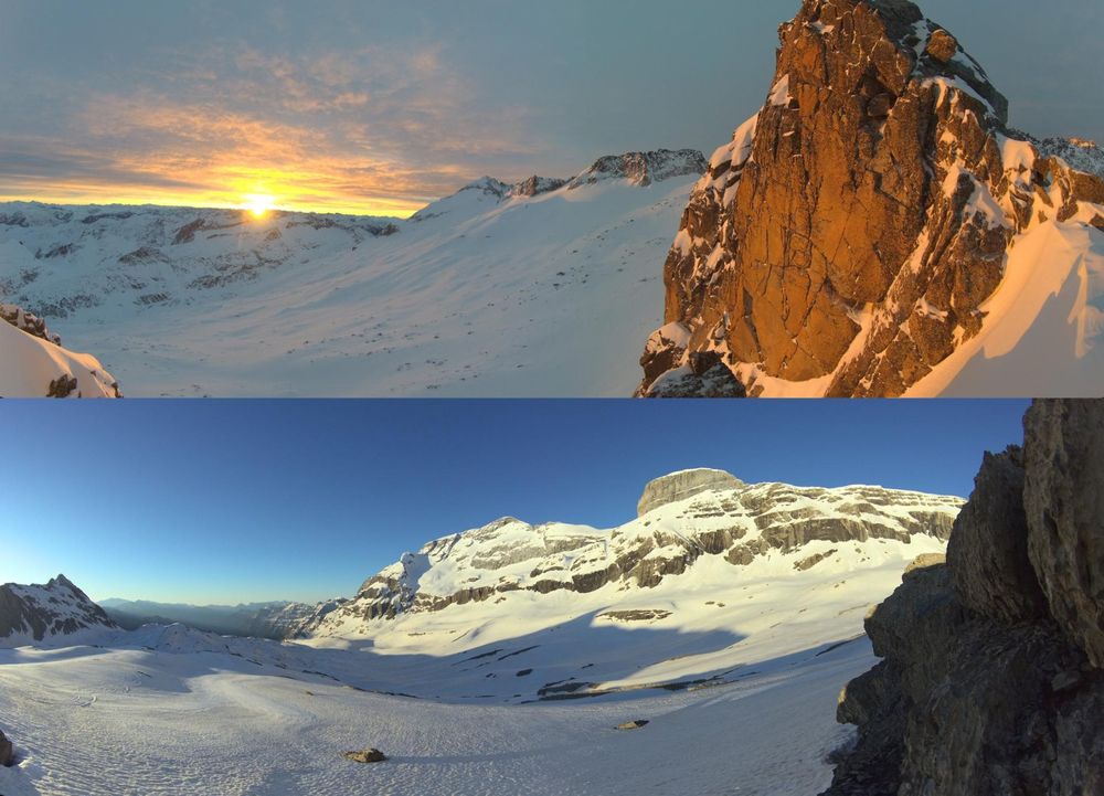 Imagen superior, imagen de atardecer del glaciar del Aneto; en la imagen inferior, imagen del glaciar de Monte Perdido. Estas imágenes han sido captadas por las cámaras instaladas por el Grupo Cryopyr que monitorizan estos glaciares del Pirineo de Huesca en tiempo real. 