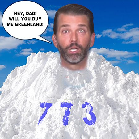 Show Art - Donald Trump, Jr. on a pile of snow saying "Hey Dad! Will you buy me Greenland?"