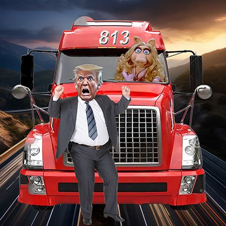 Show Art - Miss Piggy driving a semi truck toward Trump