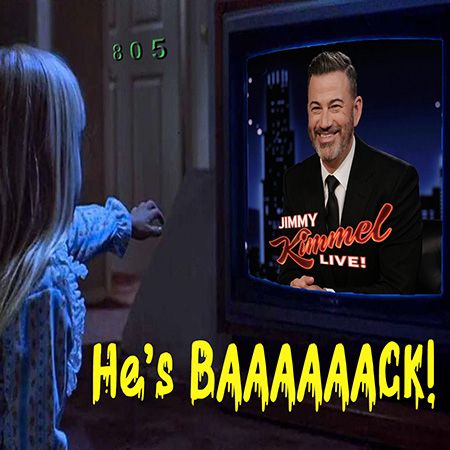 Show Art - A little girl pointing at Jimmy Kimmel on the TV screen and saying "He's BAAAAAACK!"