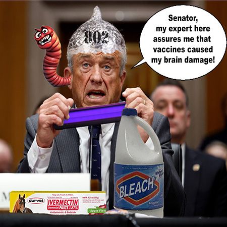 Show Art - RFK Jr. wearing a tin foil hat with a worm crawling out of his ear saying "Senator, my expert here assures me that vaccines caused my brain damage!"