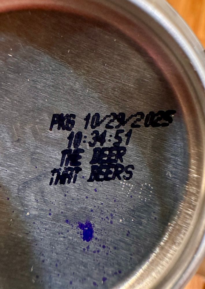Close-up of the bottom of a metal beer can showing a canning date stamp that reads “PKG 10-29-2025 10:31:51” with “THE BEER THAT BEERS” printed below it. Blue ink residue visible on the brushed metal surface.