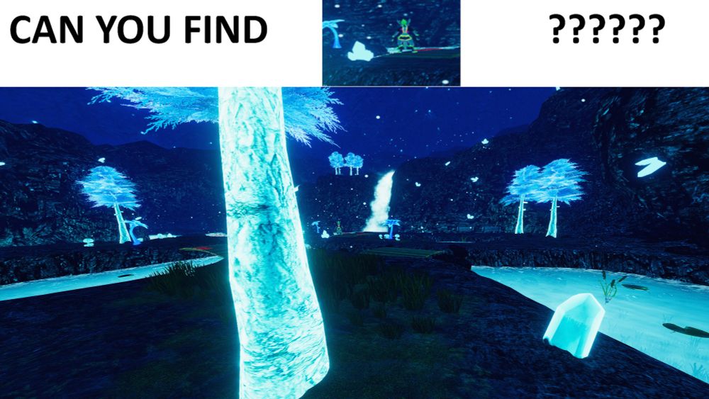 A very zoomed out photo titled "CAN YOU FIND???" Where the intent is to find a super pixelated picture of Shusky as a Rex species. Alas, he is not very well hidden. At all actually. He's dead centered in an A pose. Someone help them.