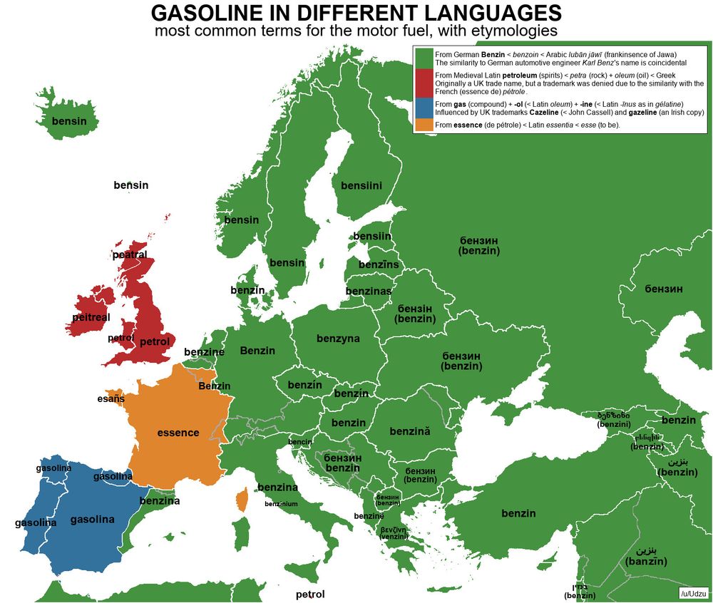 Etymology map for petrol/gasoline. The most common term is benzin, but Spanish and Portuguese also use gasoline, while French uses essence.