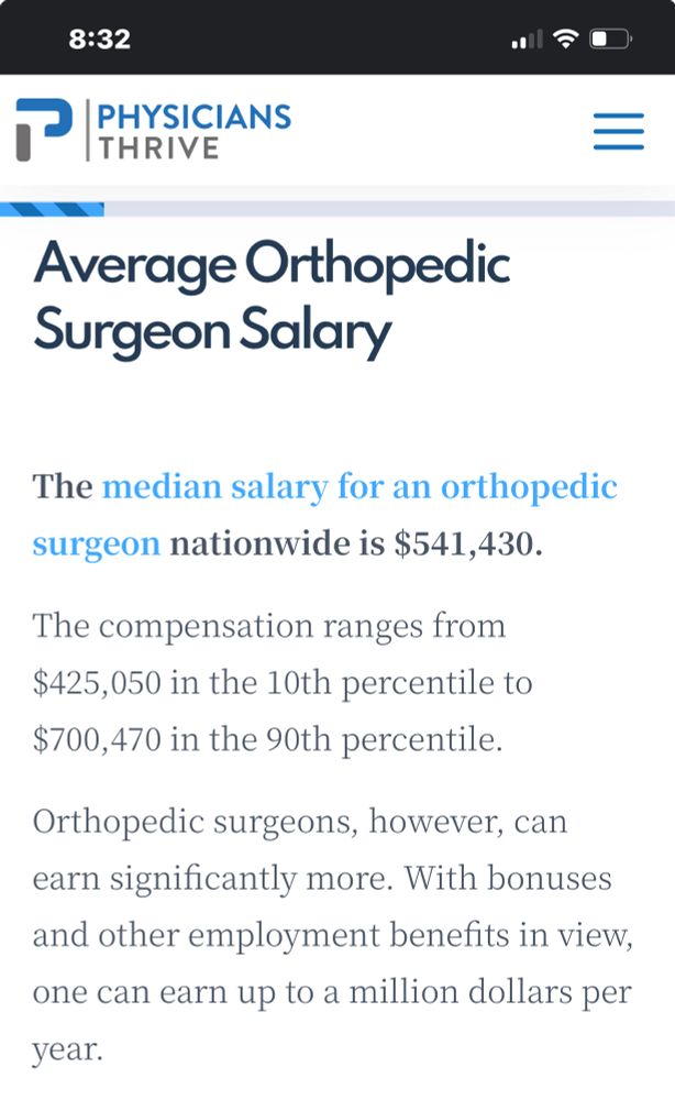 Screenshot of Google results when googling “Orthopedic & Trauma Surgeon Specialist in Arthroscopic Knee Surgery, Total Knee Replacement and Joint Replacement Surgery Salary - which produced the result: The median salary for an orthopedic surgeon nationwide is $541,430. Dr. Mavin is hardly missing any meals due to inflation of food costs 🙄