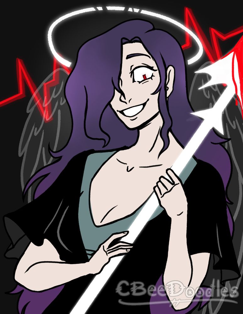 Waist up character with long purple hair, holding a spear with blood on it, and a crazed expression in her eye. She's wearing a black dress with a desaturated blue undershirt. There is a broken glowing white halo above her head. Behind her is a pair of translucent white angel wings and a bright red heart beat indicator. 