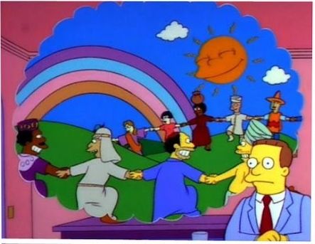 Simpsons frame of a news presenter imagining people of all nations dancing under a rainbow 