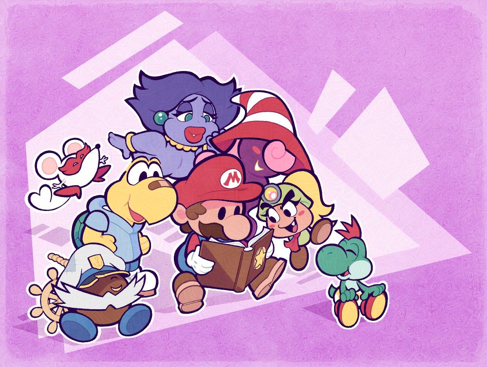 The main party from Paper Mario: The Thousand Year Door drawn in a cute cartoony style