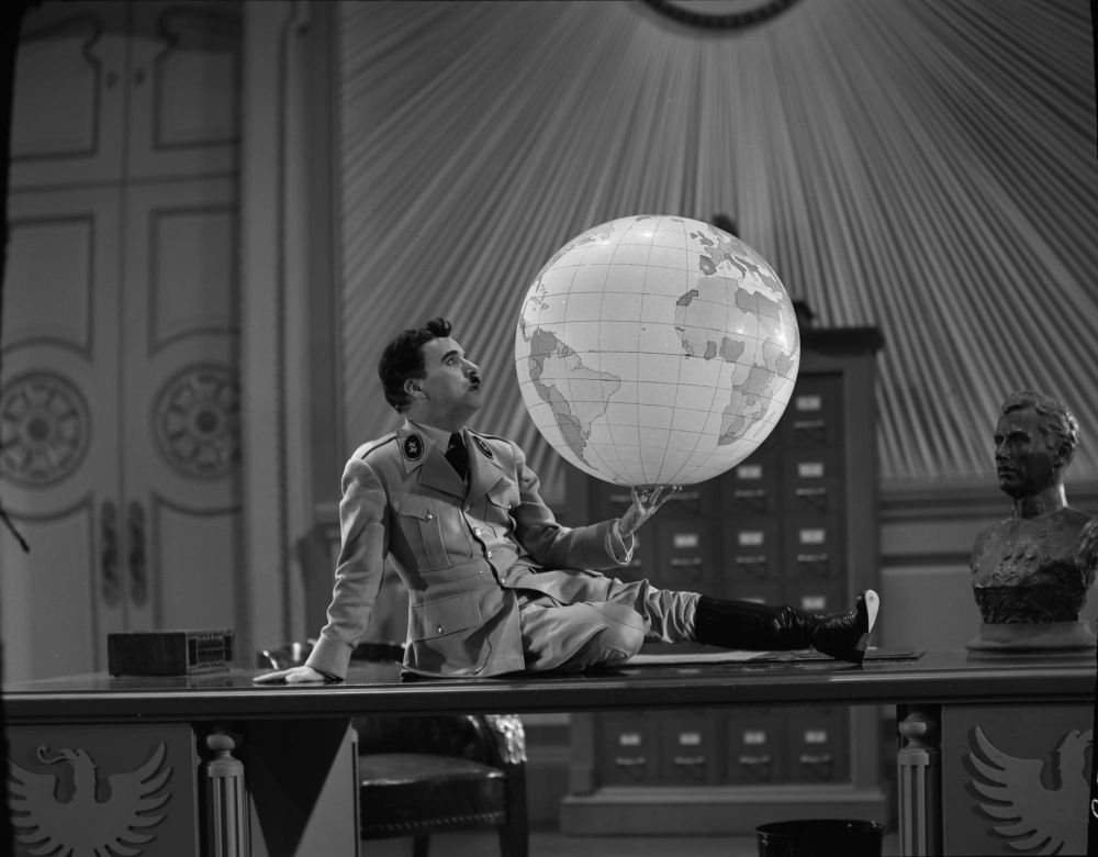 still from the globe scene in Chaplin's The Great Dictator