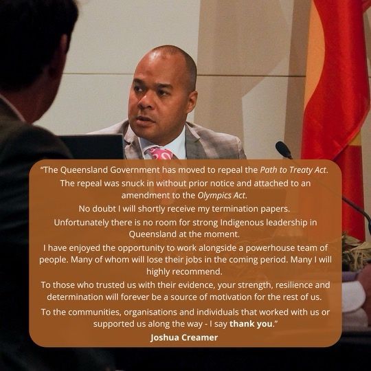 Photo of Joshua Creamer with a statement about the repeal of the Path to Treaty Act. 