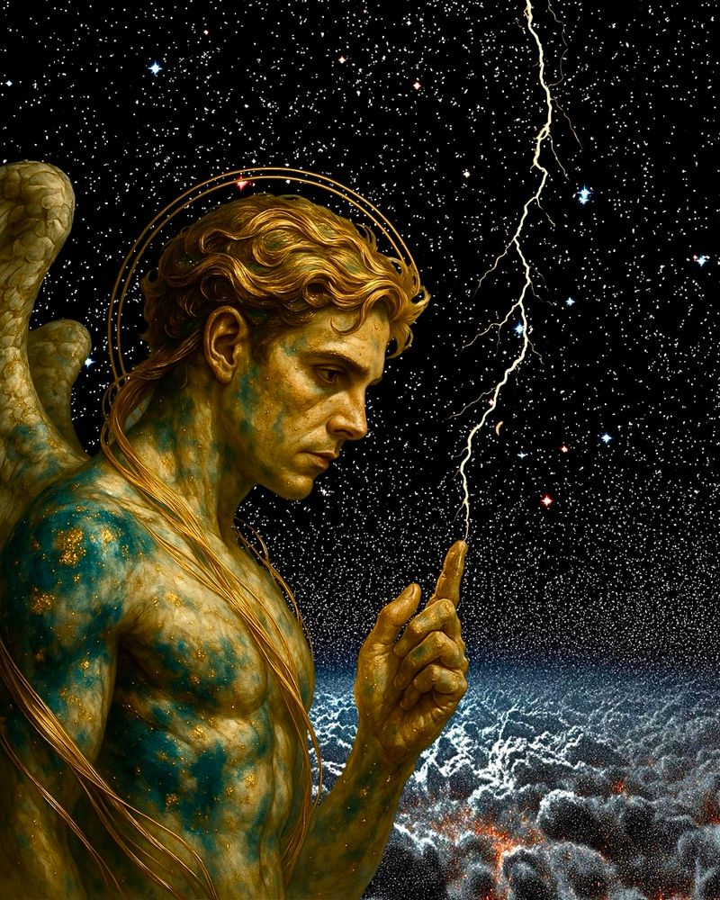 AI Matt (me) in angelic gold and blue colored theme presence in front of space and stars background. 