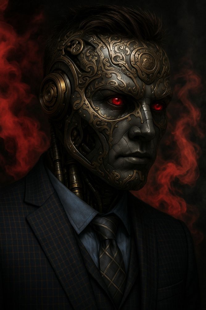 A futuristic, steampunk-inspired humanoid me with ornate metallic facial plating, glowing red eyes, and smoke swirling behind. I’m rocking a sharp plaid business suit and tie, blending high-tech menace with corporate professionalism.