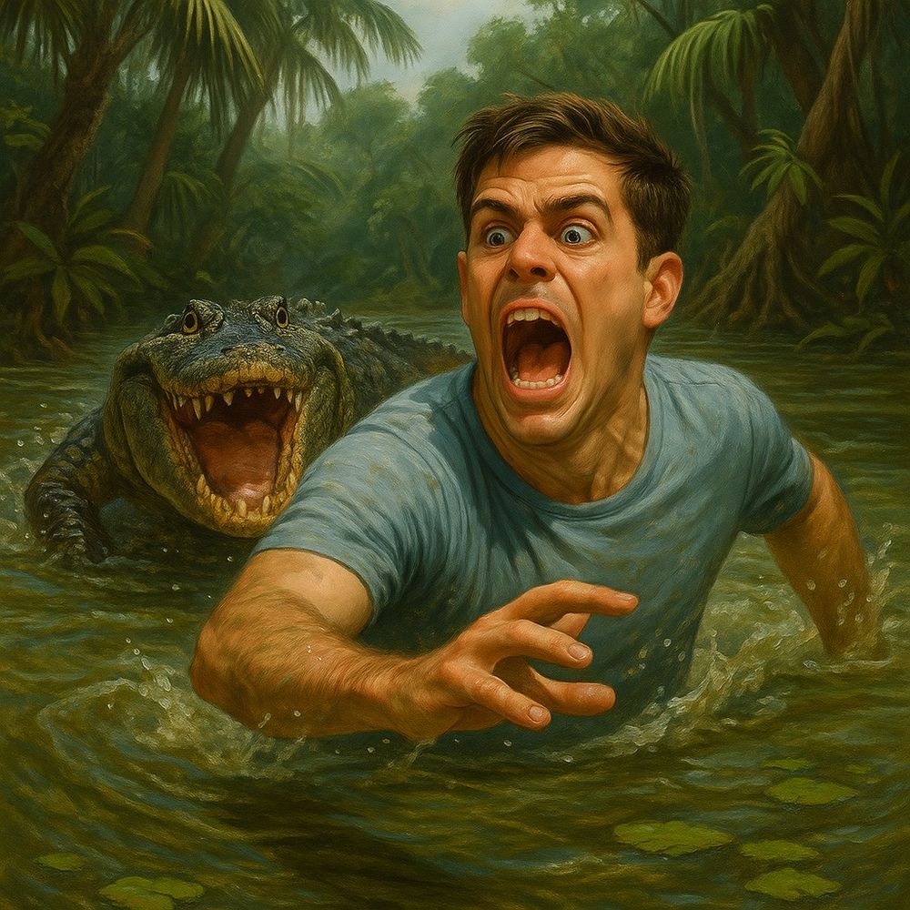 Crocodile chasing a man (me) in a jungle river setting.
