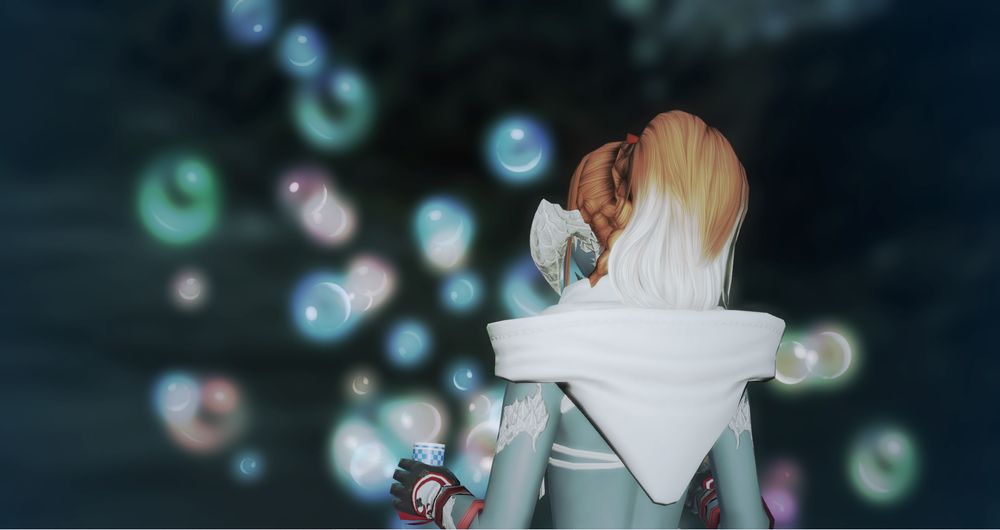 gpose of Calline, shown from behind, blowing bubbles into a dark abyss
