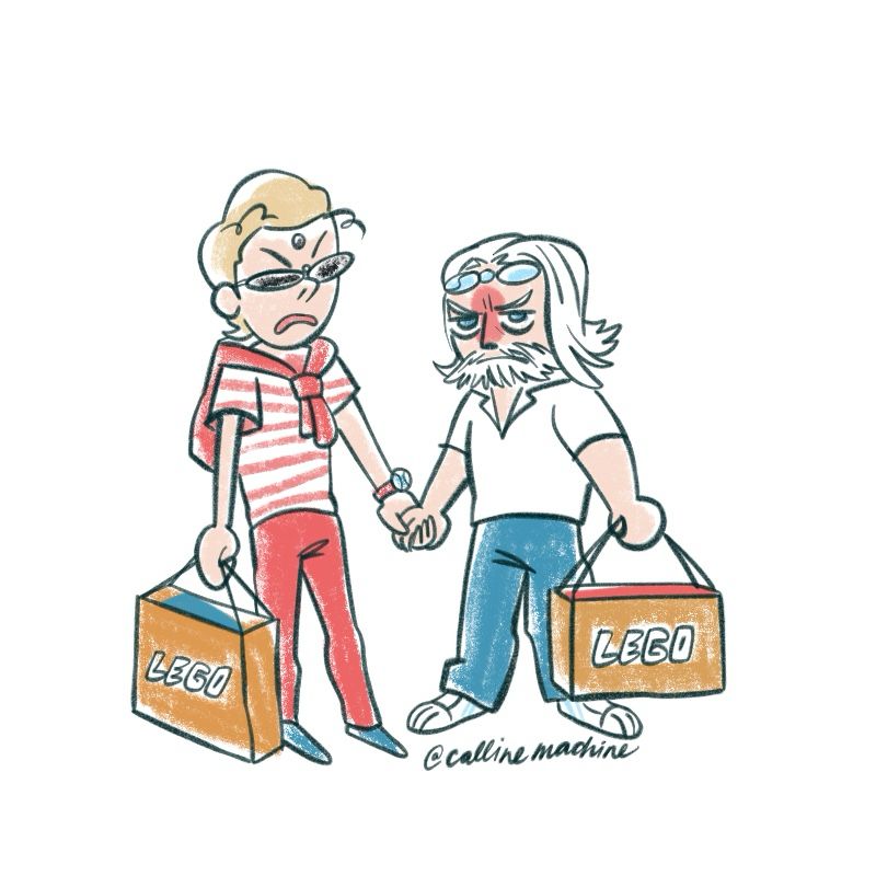Cid Garlond and Nero tol Scaeva in modern clothes, holding hands and both looking disgusted about it. In their free hands, each of them has a giant yellow Lego store bag.