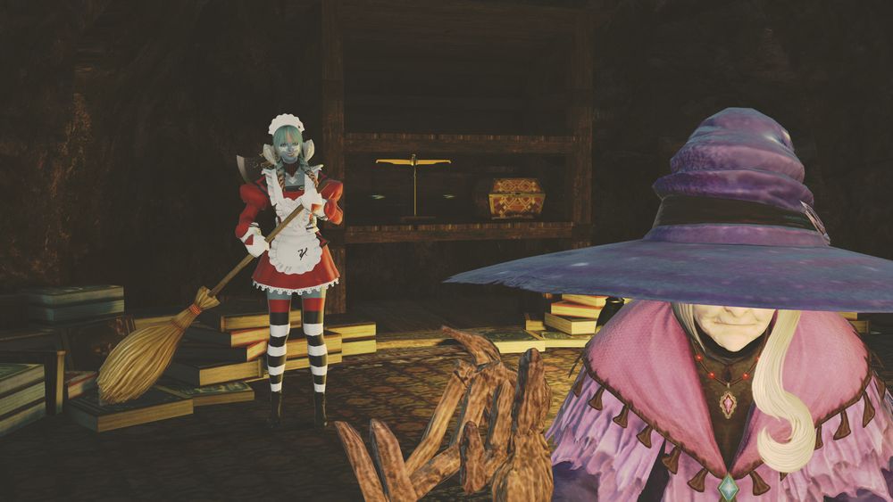 gpose of calline eagerly sweeping the floor while Matoya, unimpressed, does not even look at her
