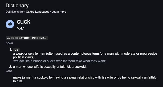 A screenshot of an Oxford dictionary entry for the word 'cuck.'