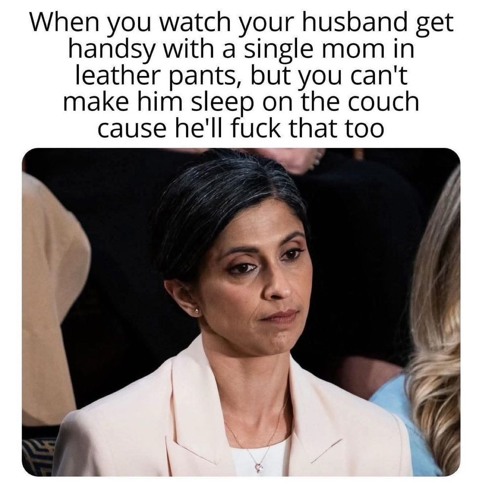Pic of Usha Vance looking sad. The caption reads: when you watch your husband get handsy with a single mom in leather pants but you can't make him sleep on the couch cause he'll fuck that too.