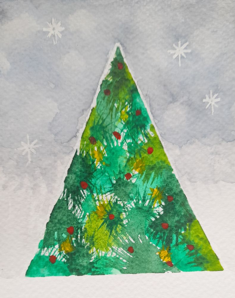 Watercolor of a lone Christmas tree infront of a grey sky.