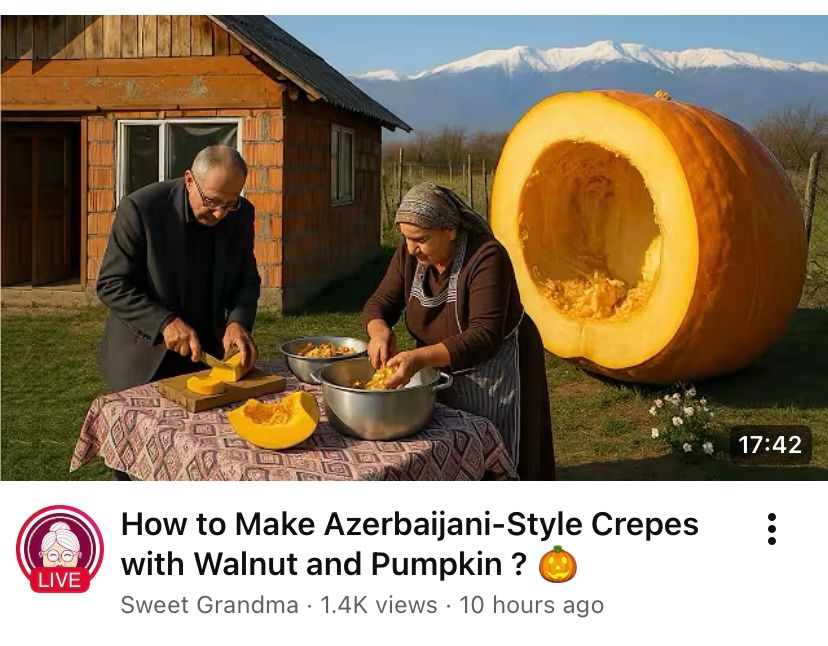 A YouTube video titled "How to Make Azerbaijani-Style Crepes with Walnut and Pumpkin", featuring a picture of a nice older couple cooking outdoors with a giant carved out pumpkin looming behind them