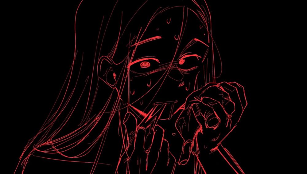 A red sketch of Yi Xi, covered in sweat, tearing through a piece of meat with her teeth.