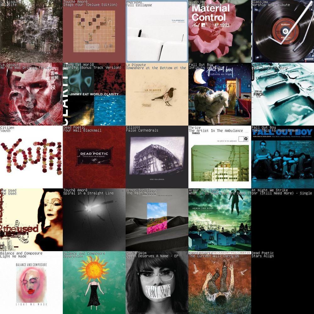 A 5x5 grid of album art.
1: Wildlife by La Dispute
2: Stage Four (Deluxe Edition) by Touché Amoré
3: Full Collapse by Thursday
4: Material Control by Glassjaw
5: Worship and Tribute by Glassjaw
6: No One Was Driving the Car by La Dispute
7: Clarity (Bonus Track Version) by Jimmy Eat World
8: Somewhere at the Bottom of the River Between Vega and Altair (10th Anniversary) by La Dispute
9: Infinity on High by Fall Out Boy
10: What It Is to Burn by Finch
11: Youth by Citizen
12: Four Wall Blackmail by Dead Poetic
13: False Cathedrals by Elliott
14: The Artist In The Ambulance by Thrice
15: Take This to Your Grave by Fall Out Boy
16: The Used by The Used
17: Spiral in a Straight Line by Touché Amoré
18: The Rain Museum by Armor for Sleep
19: What To Do When You Are Dead (15th Anniversary) by Armor for Sleep
20: Dnr (Still Need More) - Single by At Night We Strike
21: Light We Made by Balance and Composure
22: Separation by Balance and Composure
23: Death Deserves A Name - EP by Can't Swim
24: The Current Will Carry Us by Counterparts
25: Stars Align by Dead Poetic
