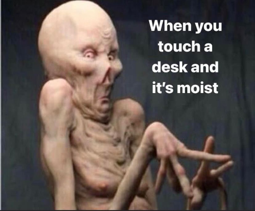 Picture of a weird looking creature with long fingers, no nose, a large head, and skinny body, with a kind of disgusted look on its face.  Next to it is the sentence “when you touch a desk and it’s moist”