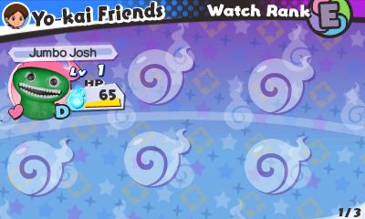 The menu in Yo-kai Watch 3, displaying a singular Yo-kai slot, that being Jumbo Josh from the Garten of Banban series shown as a D-rank level 1 in the charming tribe