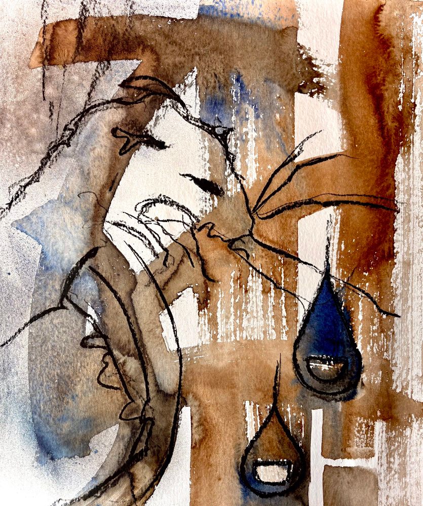 Un genre de souris (plutôt pas super en vie) au fusain et des coups de spalter au brou de noix façon (en toute modestie) Soulages. Deux « gouttes de doigt » concept très particulier propre à @domtdom. Papier aquarelle marouflé sur toile. 