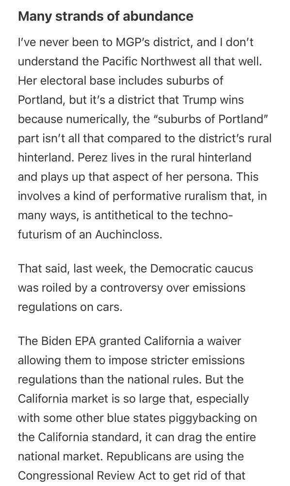 A screenshot of an Yglesias article arguing that California should not be able to mandate EVs because “abundance.”