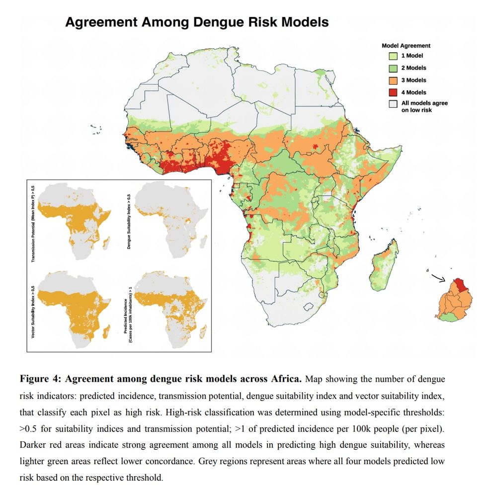 A compound figure. The main image is of Africa with colour showing the number of models that agree in each pixel. 4 models agree in areas of west africa. 3 models agree in a large area should of the Sahara. The inset has four binary prediction maps for the different models.