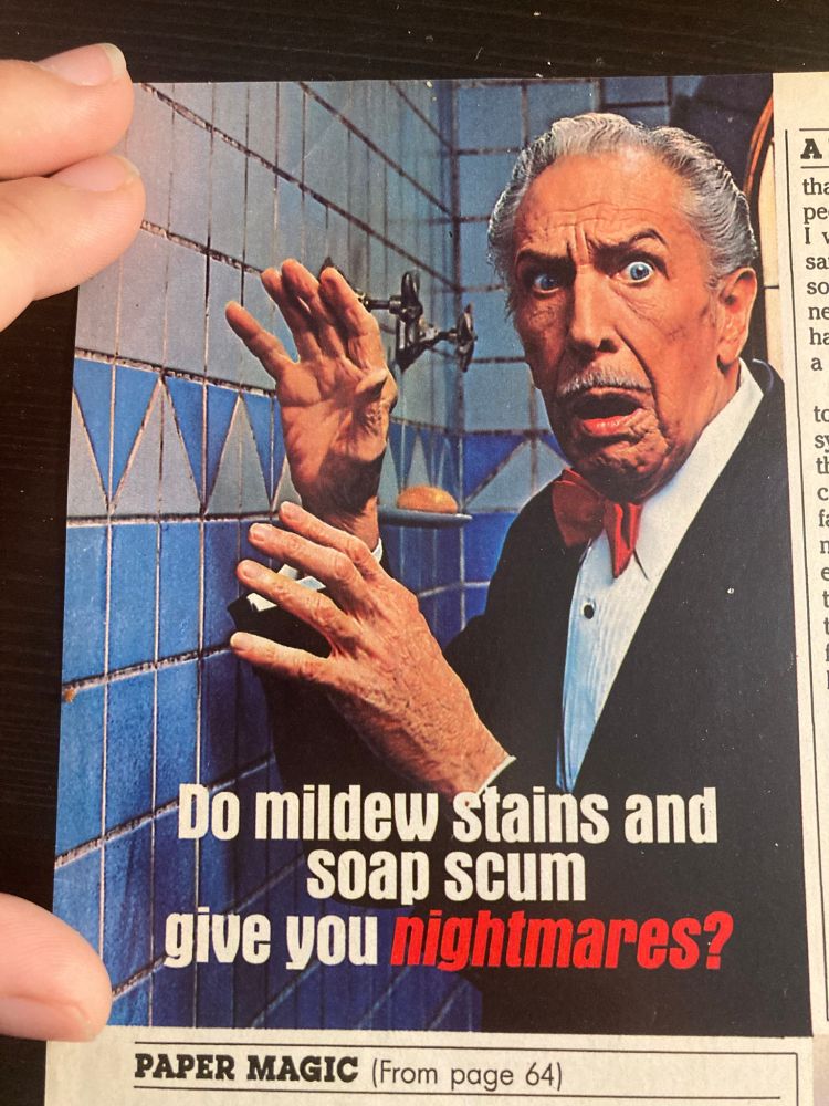 Vintage Halloween print ad for Tilex featuring Vincent Price, 1986