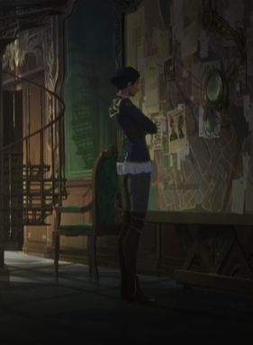 Caitlyn Kiramman, from Arcane, examining a map and notes on a wall, in her uniform, with thigh-high boots and legs that go all the way up to my very soul.