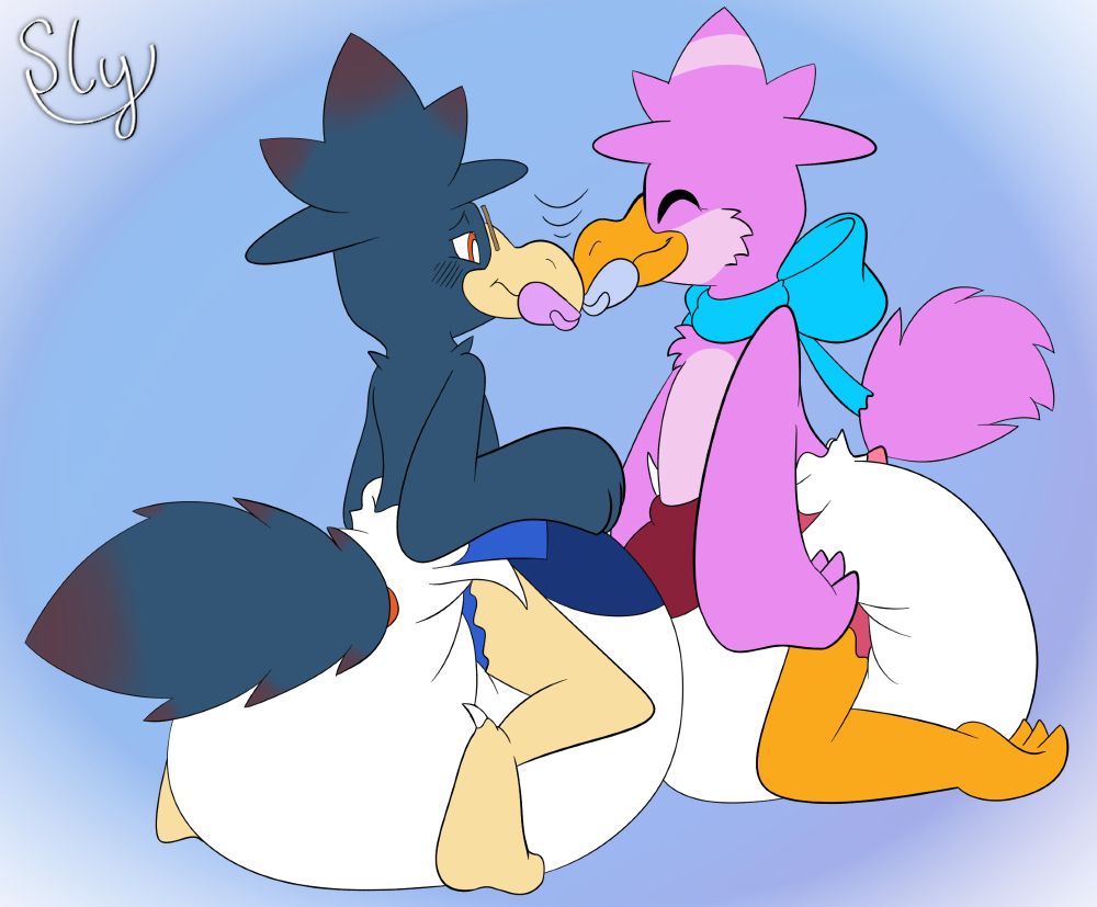 Murkrows Ski (left) and Snowy (right) pressing their beaks and pacifiers against one another. Snowy is on already on her knees while Ski is squatting down into position. Both of them are wearing bulky, round diapers that keep their talon-legs apart. Snowy seems happy and content with the intimacy, while Ski looks more reserved and, based on the slight blush, embarrassed.