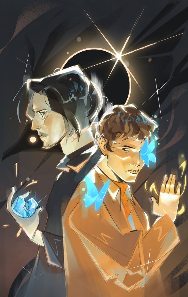 On the left, Cornelius Sigan holds his shattered blue heart in his hand as Merlin stands slightly in front of him, blue butterflies on his shoulder and in front of one of his eyes. Behind them, an eclipse shines with streaked sunlight. 