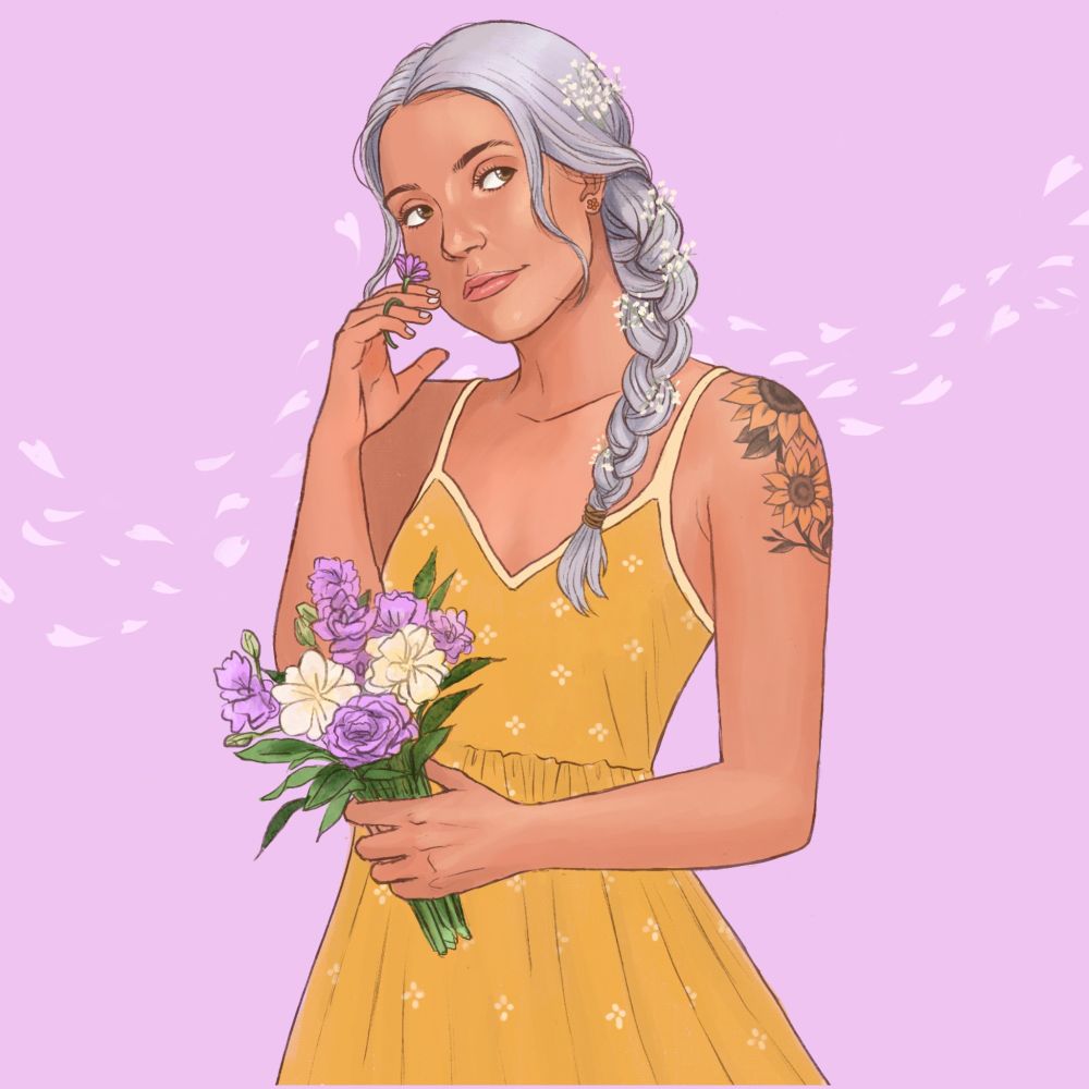 Young woman with silver hair and a yellow dress holds a bouquet of flowers against a soft lavender background.