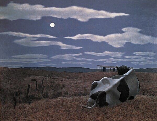 Today's #Make_Bluesky_Beautiful_with_art 
Image - Holstein cow reclining in field with fence & full moon in the distance - 
Alex Colville (Canadian, 1920-2013)
"Moon and Cow,"1963
Oil and synthetic resin on hardboard
68.5 x 91.4 cm