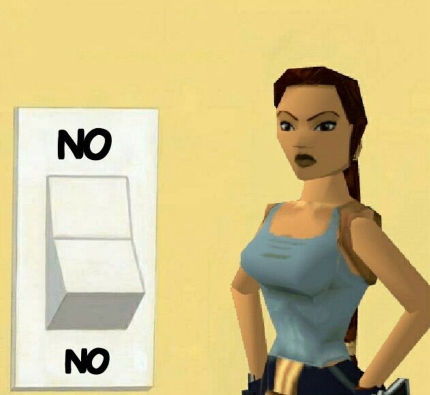 An image showing a PS1-era render of Lara Croft next to a switch labeled “no” on both settings. A throwback to the old games when she would say that in response to certain player actions.