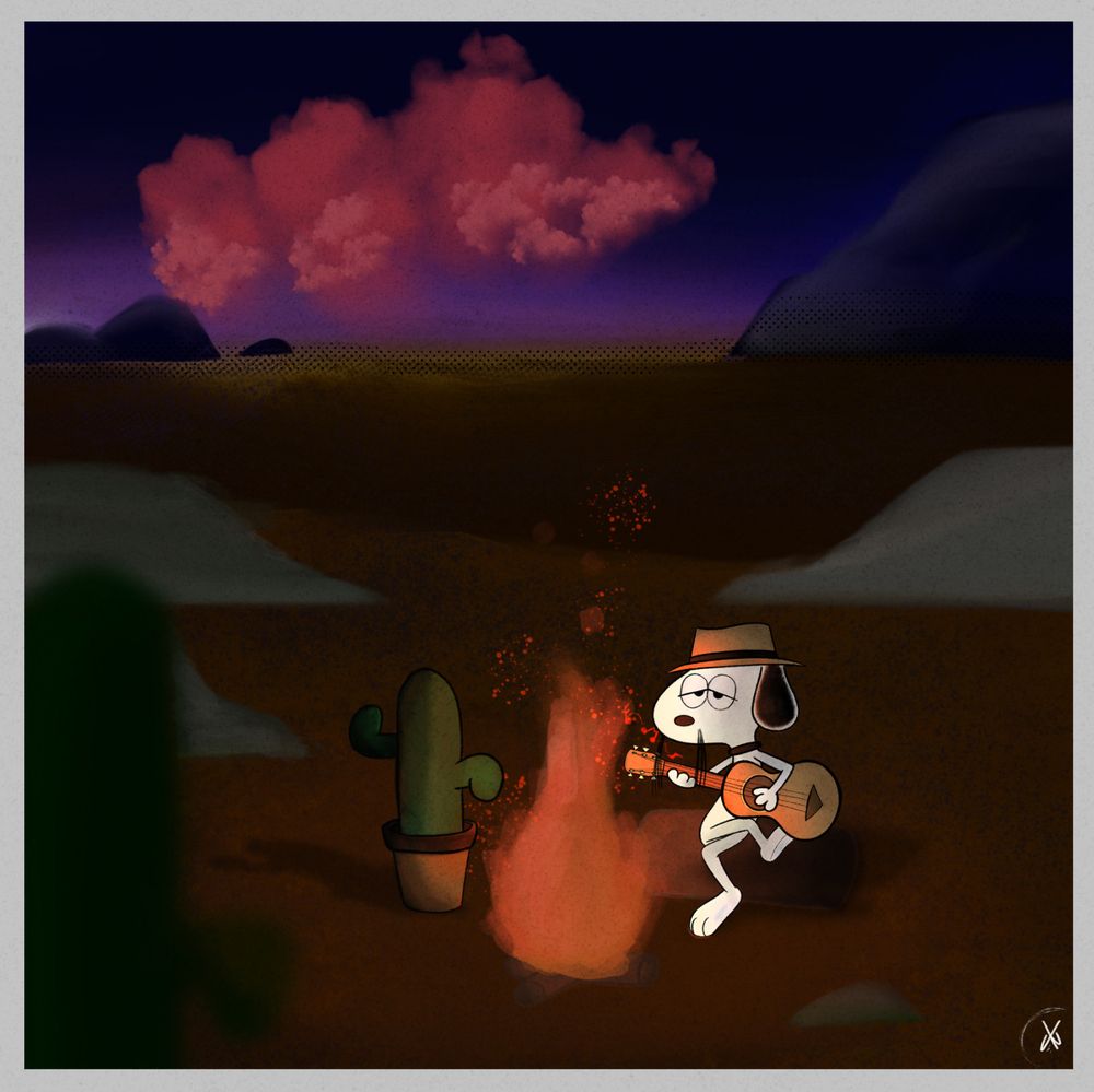 Spike from the Peanuts series sitting on a log playing guitar (badly) next to a campfire, alongside his cactus, in the desert.