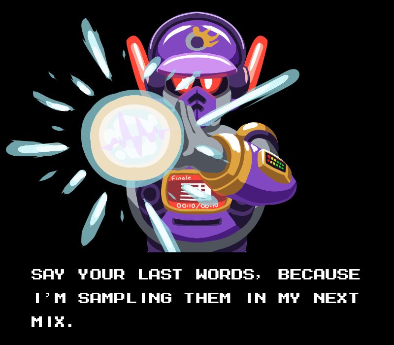 Cannonball, my robot character, readies his arm cannon towards the camera saying, "Say your last words, because I'm sampling them in my next mix."
