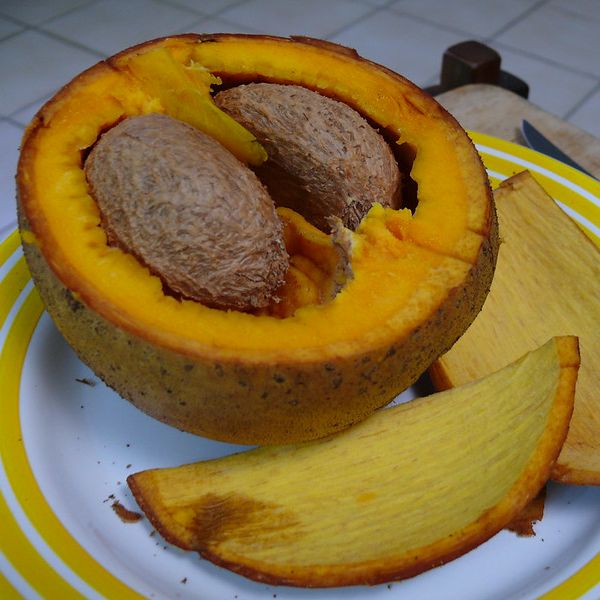 Photo of a large brown fruit on a plate. The fruit has been cut in half to reveal a thin, orange mesocarp surrounding a cavity filled with a pair of large seeds. Two pieces of the cut-away fruit are on the side of the plate.