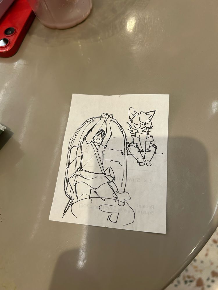 drawing of myself and my sona by starapture, drawn on the back of a receipt