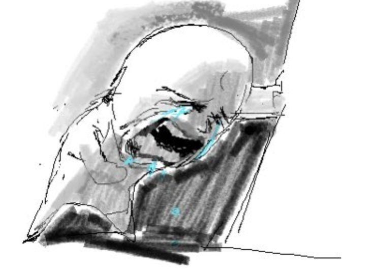 Bonequinho em prantos com a mao esquerda se apoiando na parede e a direita no coração.