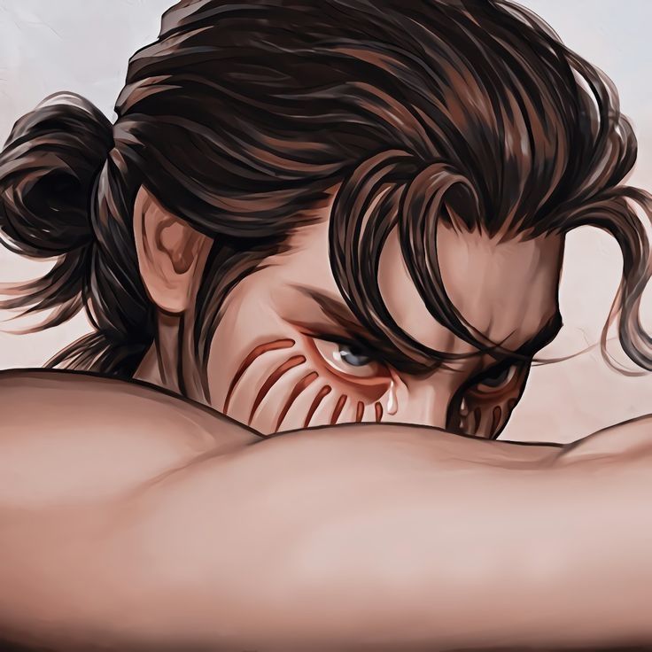 Uma releitura da pintura "O Anjo Caído" (1847), de Alexandre Cabanel" mas aqui está o personagem Eren Yeger do anime Atack on titan. 
Ele está com lágrimas nos olhos e cobrindo o rosto com o antebraço. 

("A obra se destaca no imaginário popular pela lágrima que o anjo derrama enquanto cobre o rosto. Ao se aproximar da pintura, é possível observar seu olho esquerdo, capaz de expressar uma vasta gama de emoções. O protagonista passa pelo arrependimento, pela ira e pela frustração até alcançar um rancor palpável." Texto tirado do site Cultura Genial.)