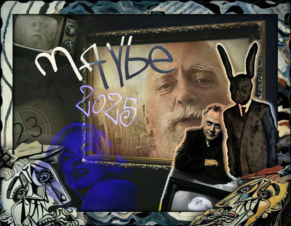 New Maybe Day 2025 image created by RAW SEMANTICS - montage of RAW, McLuhan, sinister Pookah from David Lynch film, Picasso weeping women.