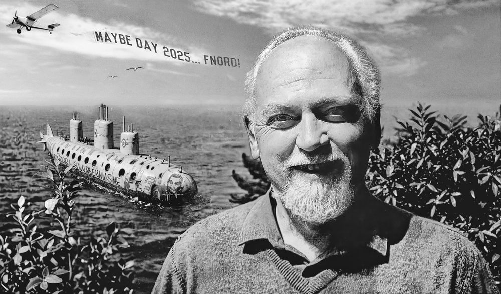 New Maybe Day 2025 image by RAW SEMANTICS - Robert Anton Wilson photo against backdrop of sea and submarine, plane flying Maybe Day banner.