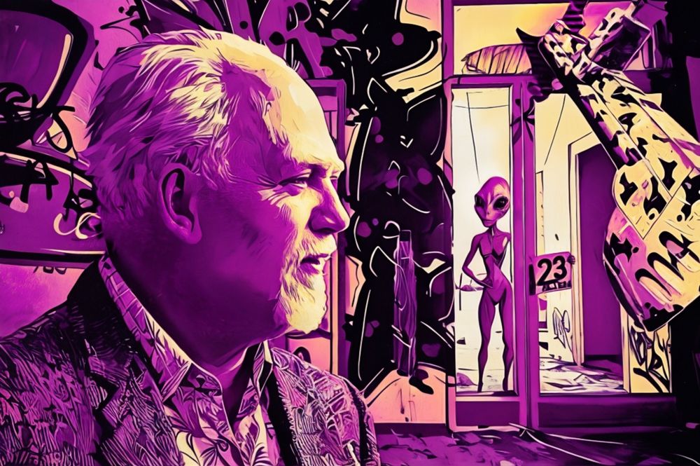 New Maybe Day 2025 image created by RAW SEMANTICS - ametrine dual-tone comic-book style, of RAW, alien & submarine in graffitied building.