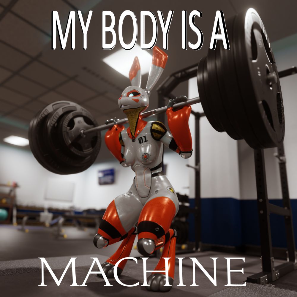 The image is a take on the meme "My body is a machine", but this time quite literally, it features a robot rabbit weightlifting in a gym.