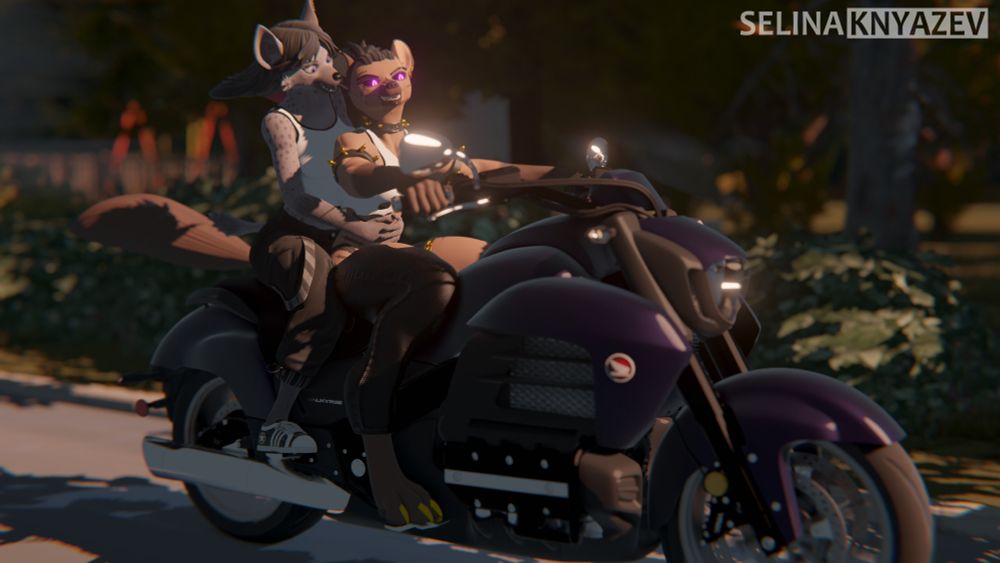 two anthro hyenas are in a motorcycle, the one driving is Power and the one in the back is Mia. The bike is big and has a purpleish hue to it, the background is unfocused but it appears to be trees